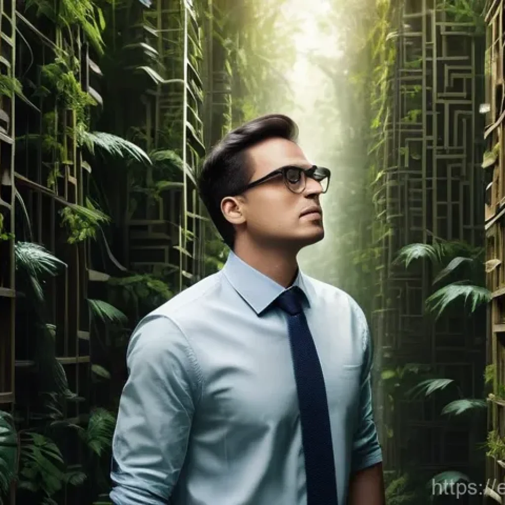 전문용어 단순화의 구체적 방법 및 사례 - **Prompt 1: The Jargon Jungle Maze**
"A male professional, aged around 30, wearing a crisp, full...