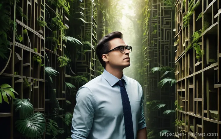 전문용어 단순화의 구체적 방법 및 사례 - **Prompt 1: The Jargon Jungle Maze**
"A male professional, aged around 30, wearing a crisp, full...