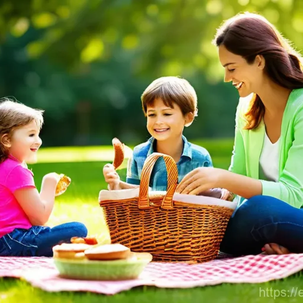 전문용어 단순화를 위한 커뮤니케이션 팁 - **Prompt:** A heartwarming family picnic scene in a vibrant, sunny park. A mother, father, and their...