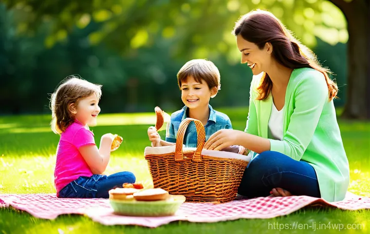 전문용어 단순화를 위한 커뮤니케이션 팁 - **Prompt:** A heartwarming family picnic scene in a vibrant, sunny park. A mother, father, and their...