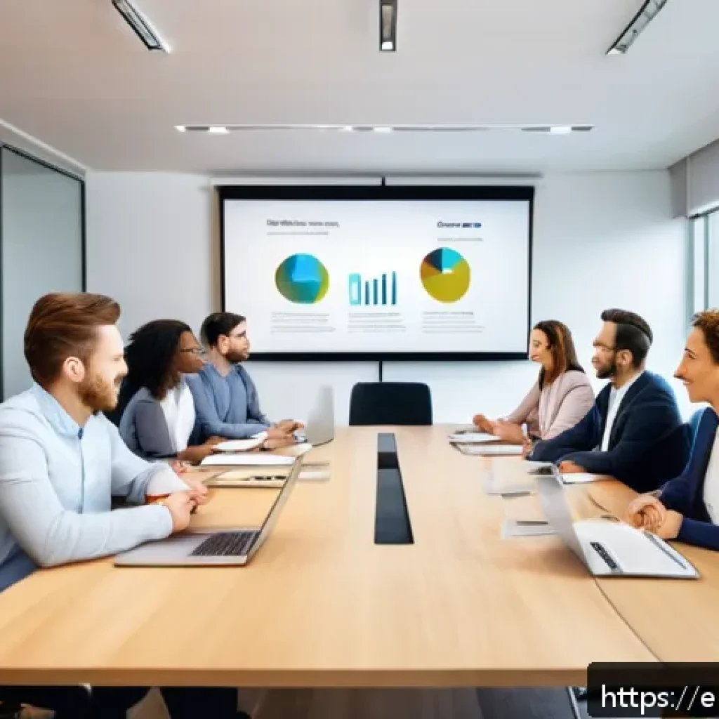 전문용어 단순화의 필요성에 대한 사례 연구 - A modern office scene showing a diverse team of professionals gathered around a conference table, en...