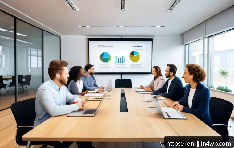 전문용어 단순화의 필요성에 대한 사례 연구 - A modern office scene showing a diverse team of professionals gathered around a conference table, en...