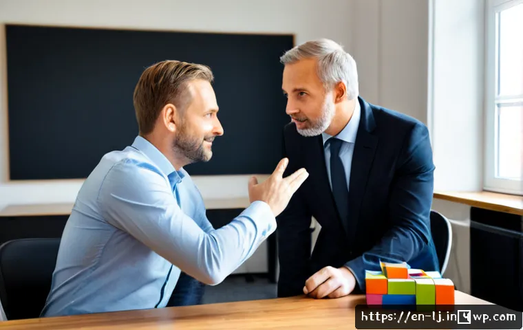 전문용어 단순화로 소통 개선하기 - Photorealistic modern office meeting, a friendly middle-aged manager explaining a simple process wit...